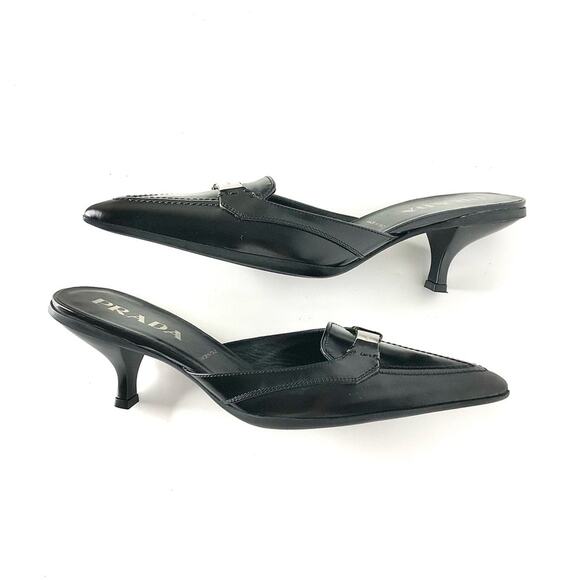 NIB Prada Logo Plaque Black Pointed Toe Kitten Heel Mules Pumps 36.5 - Picture 4 of 10